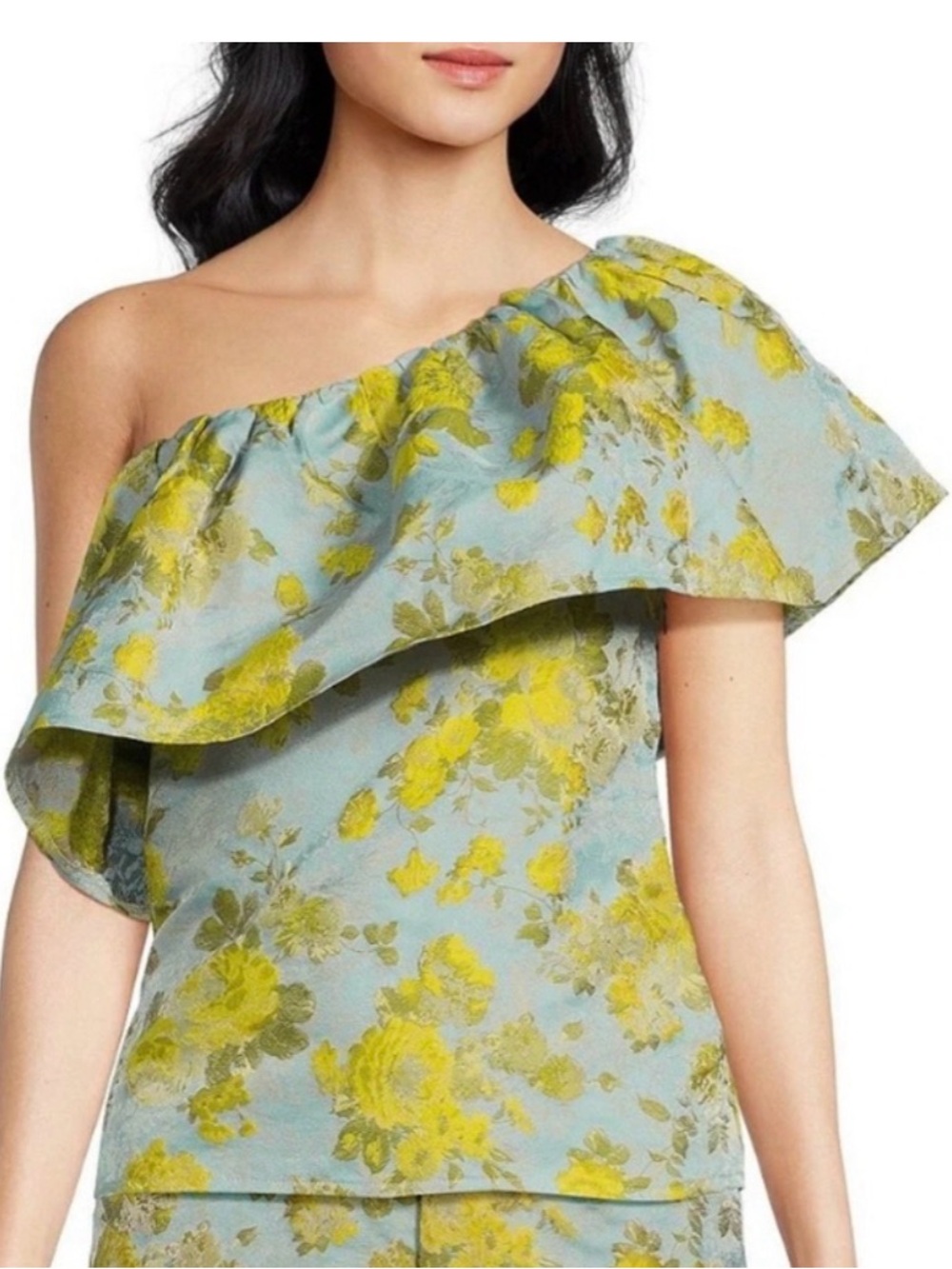 One-Shoulder Floral Ruffle Top in Light Blue and Yellow